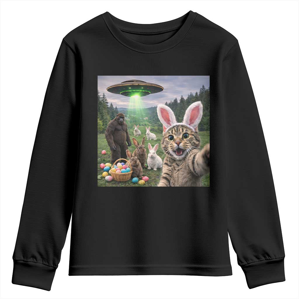 Funny Easter Day Youth Sweatshirt Cat Selfie With Bunny Bigfoot UFO Bunny Egg TS10 Black Print Your Wear