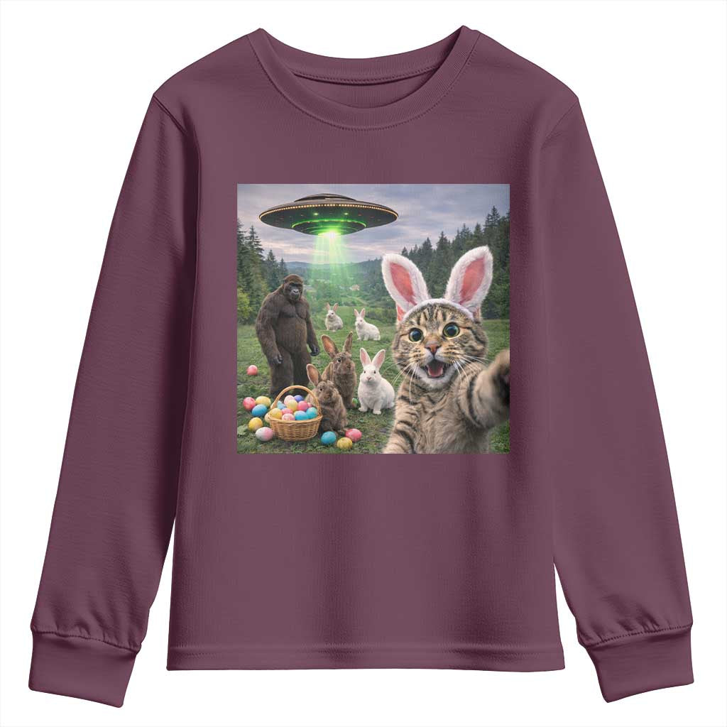 Funny Easter Day Youth Sweatshirt Cat Selfie With Bunny Bigfoot UFO Bunny Egg TS10 Maroon Print Your Wear