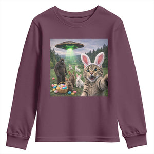 Funny Easter Day Youth Sweatshirt Cat Selfie With Bunny Bigfoot UFO Bunny Egg TS10 Maroon Print Your Wear