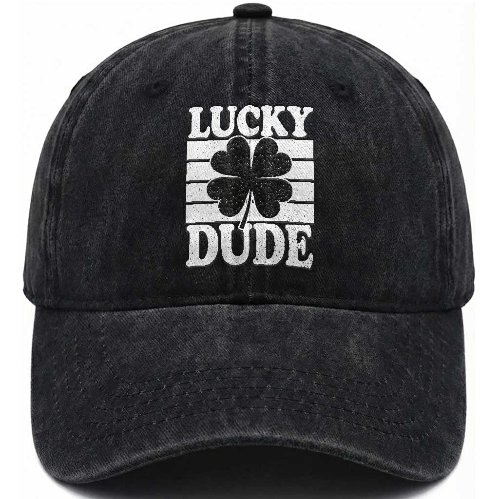 Funny Lucky Dude Washed Cotton Baseball Cap Irish Boys St Patricks Day TS10 Washed Cap Universal Fit Black Print Your Wear