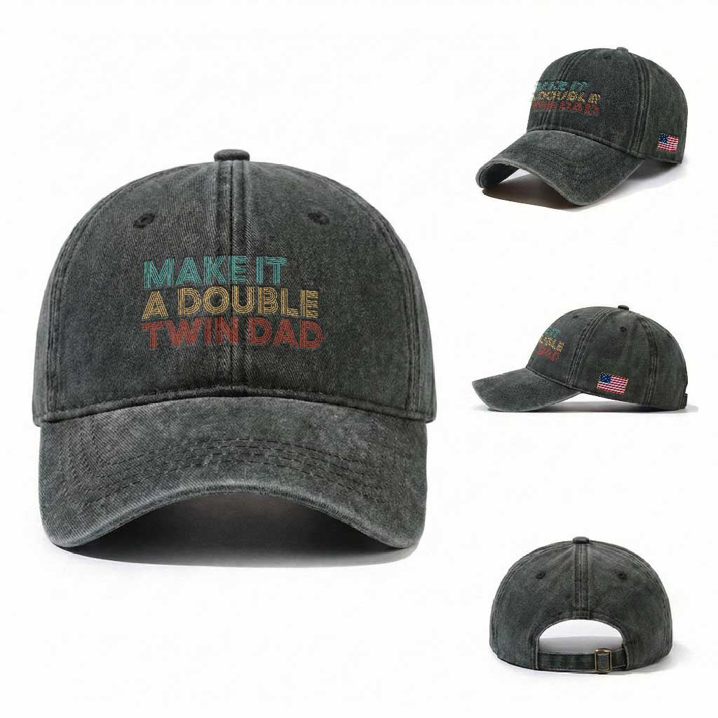 Retro Twin Dad Washed Cotton Baseball Cap Make It A Double Funny Fathers Day TS10 Washed Cap Universal Fit Dark Green Print Your Wear
