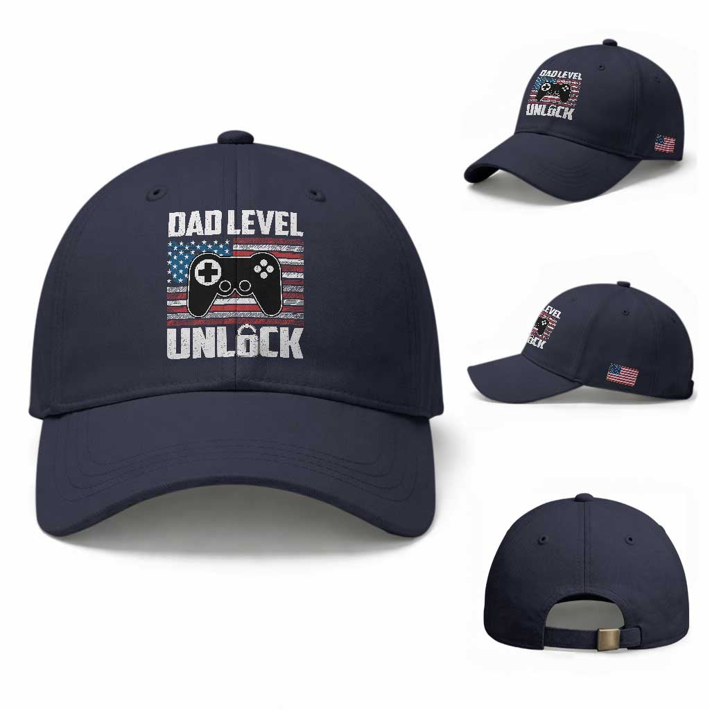 Funny New Dad Baseball Cap First Fathers Day Dad Level Unlocked Gaming Gamer TS10 Baseball Cap Universal Fit Navy Print Your Wear