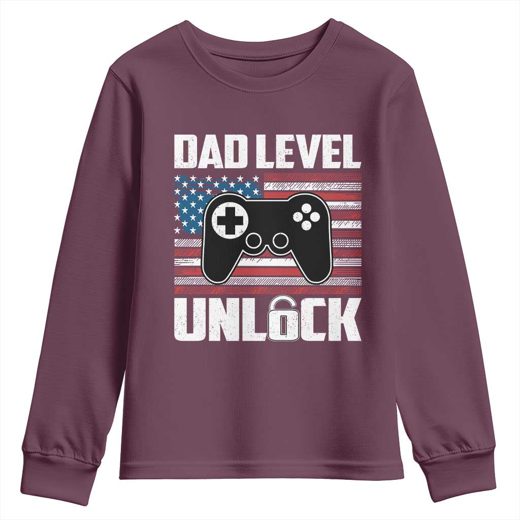 Funny New Dad Youth Sweatshirt First Fathers Day Dad Level Unlocked Gaming Gamer TS10 Maroon Print Your Wear