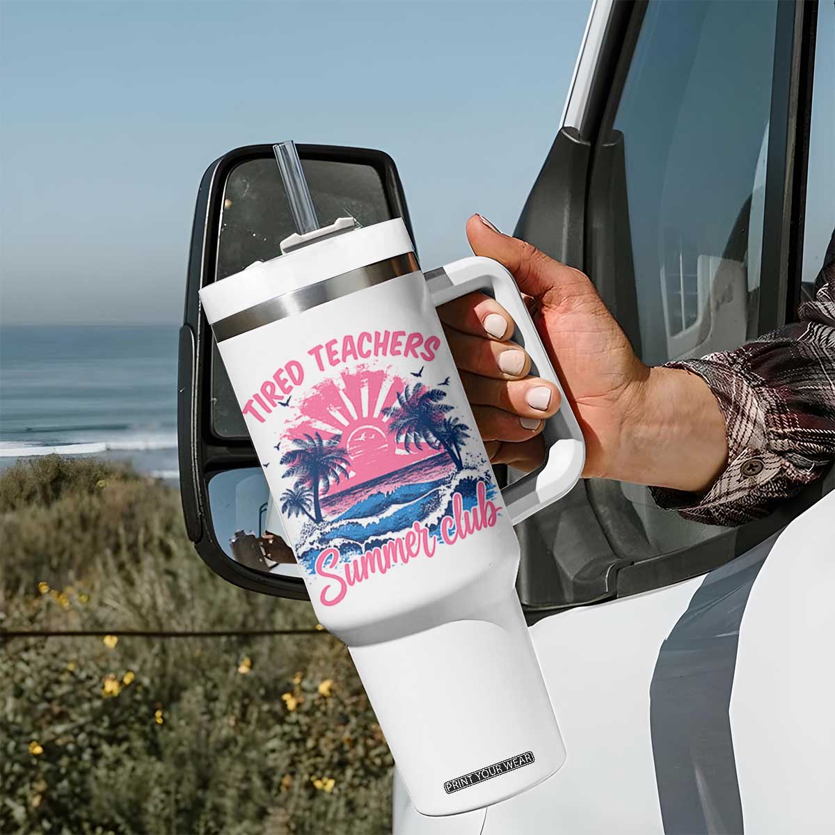 Tired Teachers Summer Club Tumbler With Handle Retro Mama Summer Beach Vacation Gift TS10 Print Your Wear
