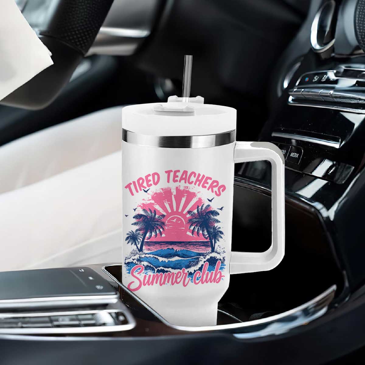 Tired Teachers Summer Club Tumbler With Handle Retro Mama Summer Beach Vacation Gift TS10 Print Your Wear