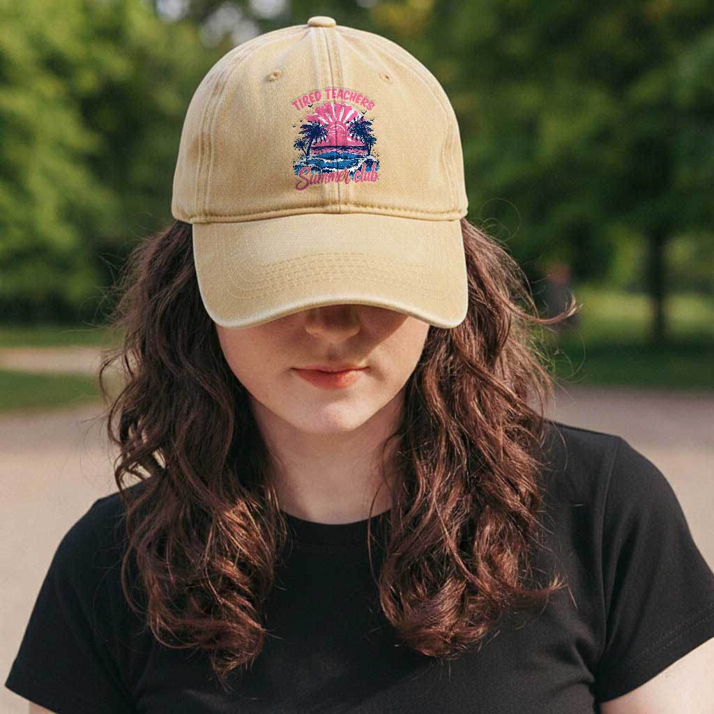 Tired Teachers Summer Club Washed Cotton Baseball Cap Retro Mama Summer Beach Vacation Gift TS10 Print Your Wear
