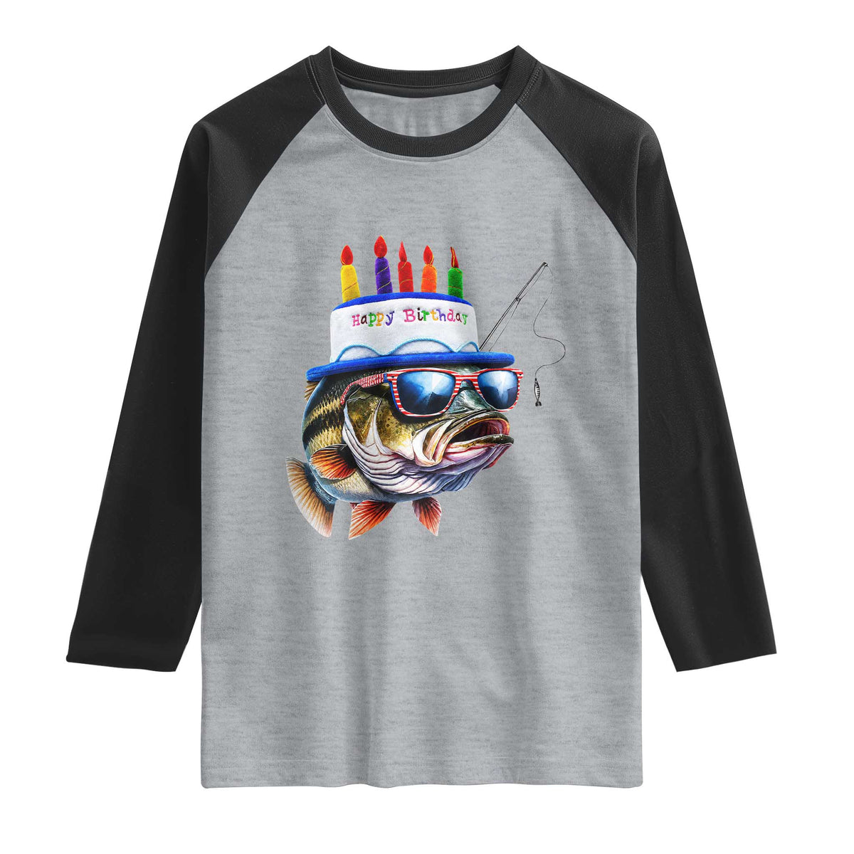 Bass Fishing Birthday Raglan Shirt Fish Party Theme TS10 Heather Gray Black Print Your Wear