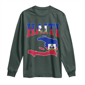 Haiti Pride Long Sleeve Shirt Retro Vintage Haitian Flag Map Pride Graphic TS10 Dark Forest Green Print Your Wear
