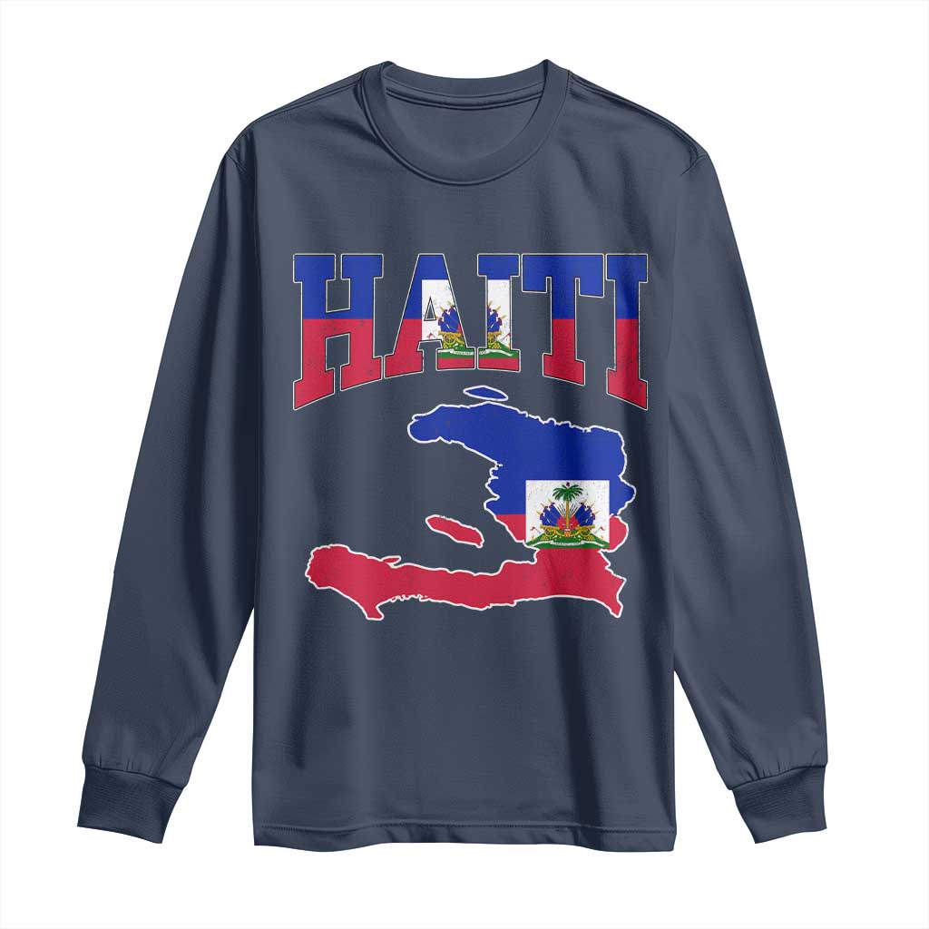 Haiti Pride Long Sleeve Shirt Retro Vintage Haitian Flag Map Pride Graphic TS10 Navy Print Your Wear