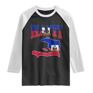 Haiti Pride Raglan Shirt Retro Vintage Haitian Flag Map Pride Graphic TS10 Black White Print Your Wear
