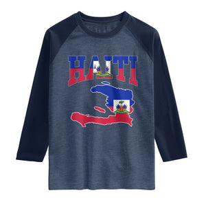 Haiti Pride Raglan Shirt Retro Vintage Haitian Flag Map Pride Graphic TS10 Heather Denim Navy Print Your Wear