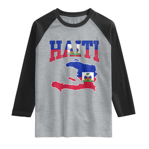 Haiti Pride Raglan Shirt Retro Vintage Haitian Flag Map Pride Graphic TS10 Heather Gray Black Print Your Wear
