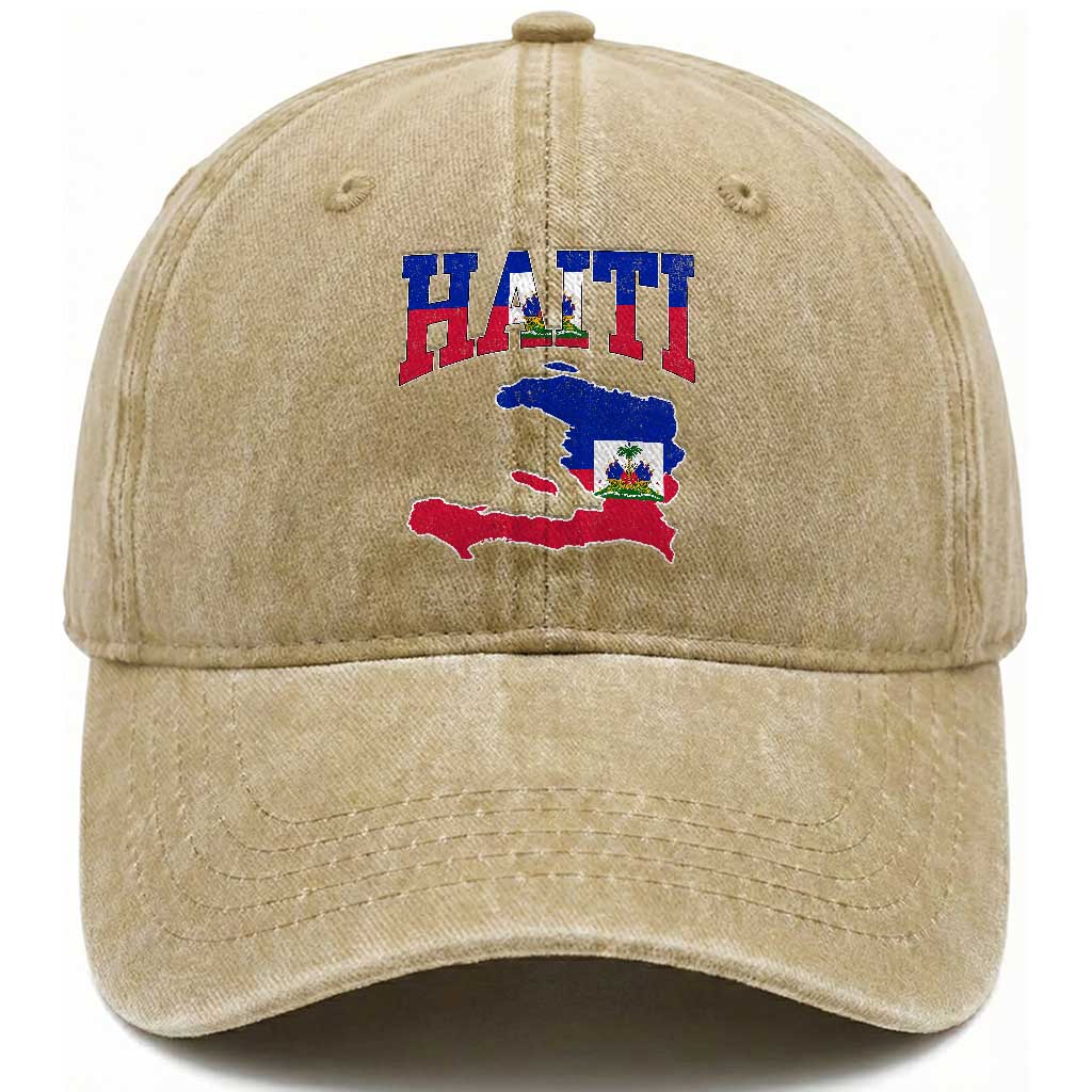Haiti Pride Washed Cotton Baseball Cap Retro Vintage Haitian Flag Map Pride Graphic TS10 Print Your Wear