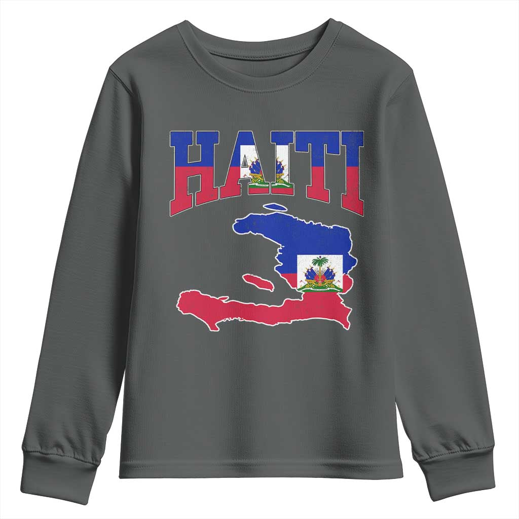 Haiti Pride Youth Sweatshirt Retro Vintage Haitian Flag Map Pride Graphic TS10 Dark Heather Print Your Wear