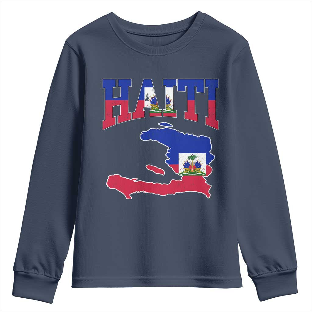Haiti Pride Youth Sweatshirt Retro Vintage Haitian Flag Map Pride Graphic TS10 Navy Print Your Wear