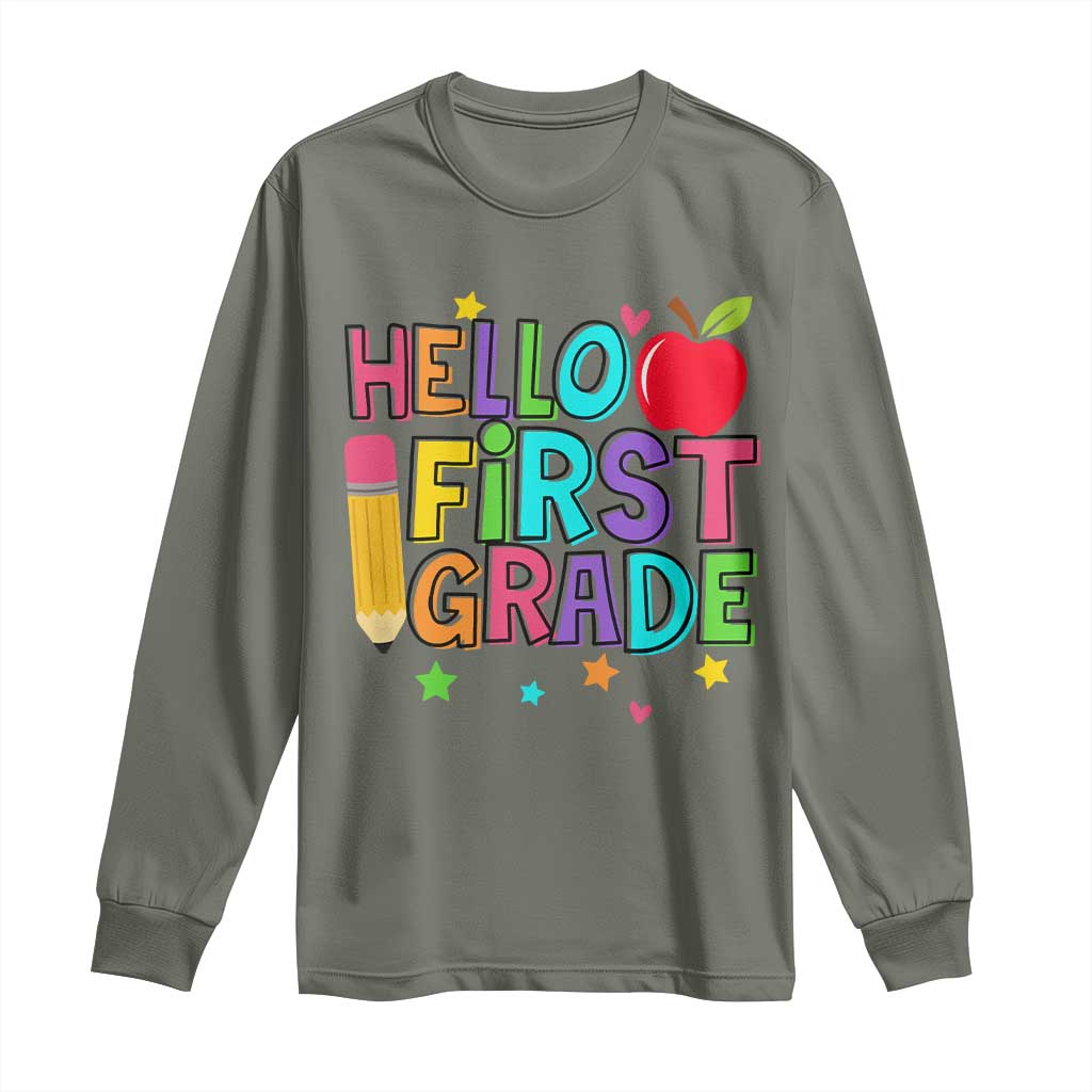 Hello First Grade Teacher Long Sleeve Shirt Back To School 1st Grade Team TS10 Military Green Print Your Wear