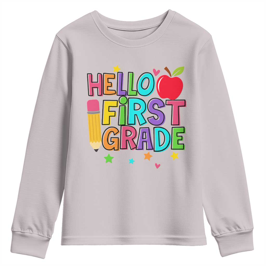 Hello First Grade Teacher Youth Sweatshirt Back To School 1st Grade Team TS10 Ice Gray Print Your Wear