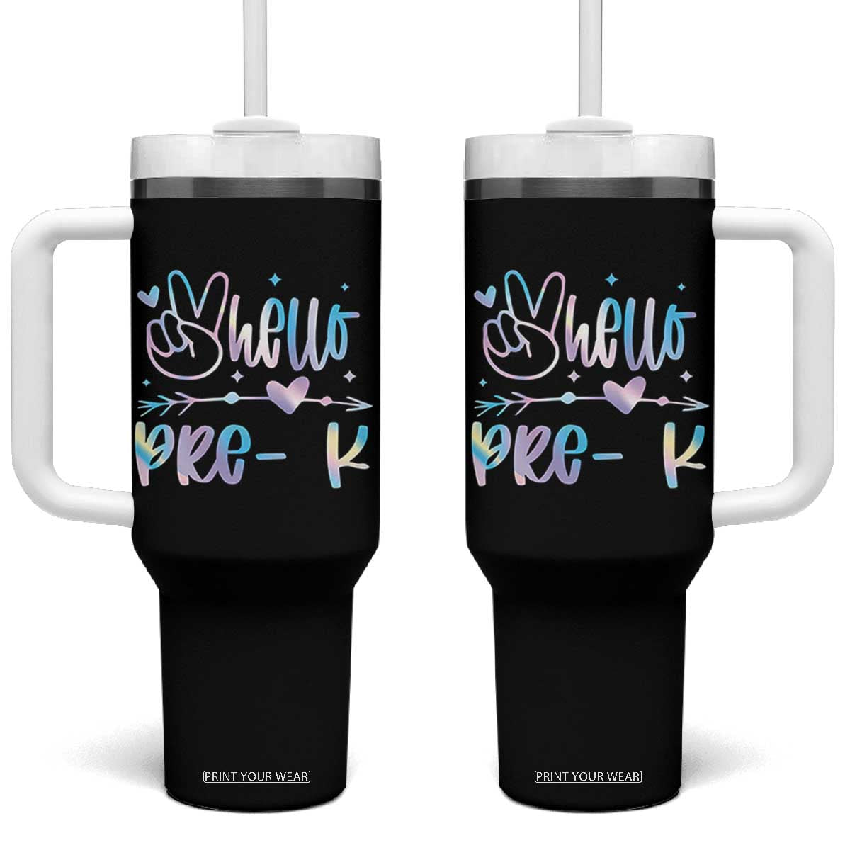 Hello Pre-k Tumbler With Handle Back To School Cute Tie Dye TS10 One Size: 40 oz Black Print Your Wear
