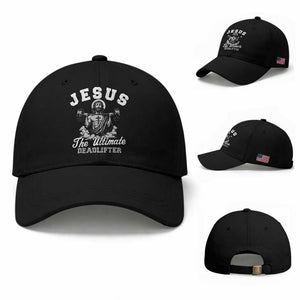 Jesus Deadlifting Baseball Cap The Ultimate Deadlifter Christian TS10 Baseball Cap Universal Fit Black Print Your Wear