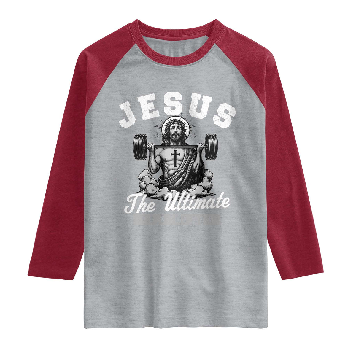 Jesus Deadlifting Raglan Shirt The Ultimate Deadlifter Christian TS10 Heather Gray Heather Red Print Your Wear