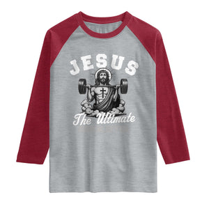 Jesus Deadlifting Raglan Shirt The Ultimate Deadlifter Christian TS10 Heather Gray Heather Red Print Your Wear