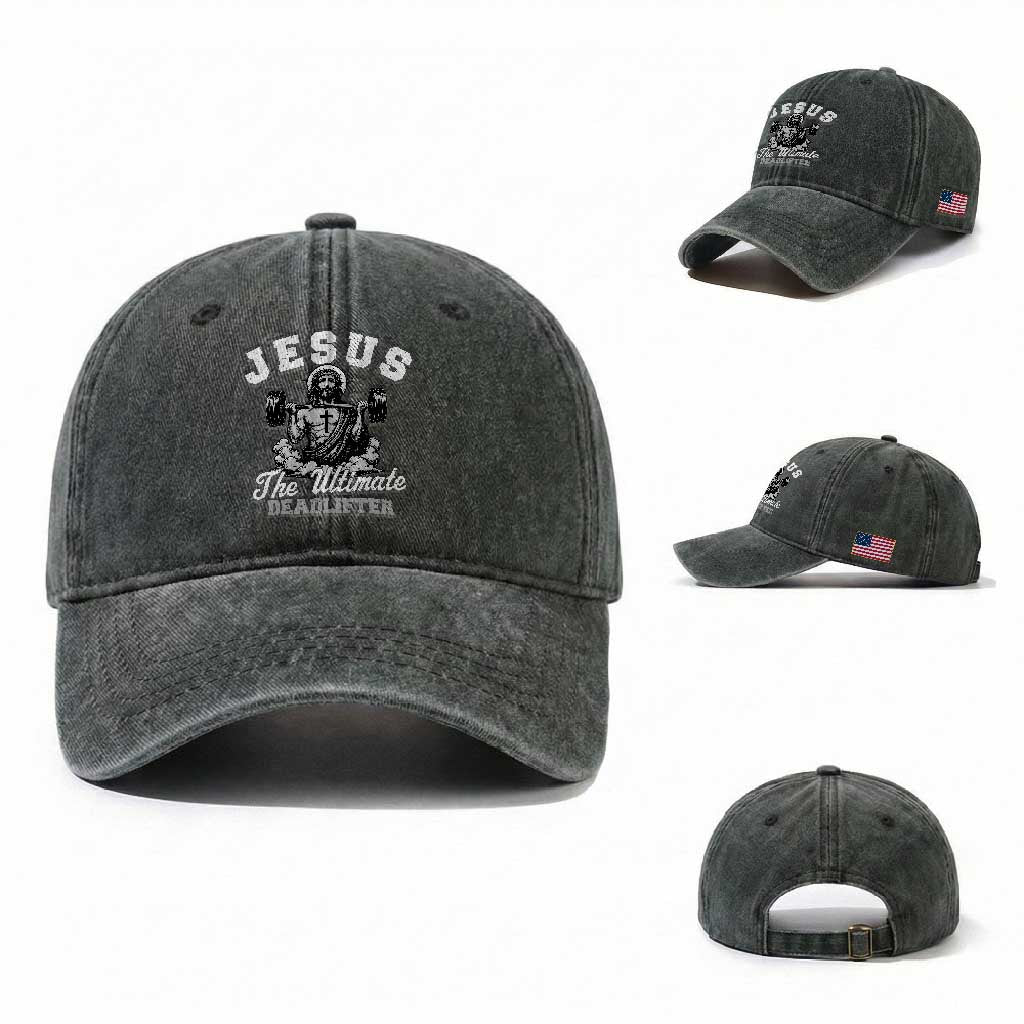 Jesus Deadlifting Washed Cotton Baseball Cap The Ultimate Deadlifter Christian TS10 Washed Cap Universal Fit Dark Green Print Your Wear