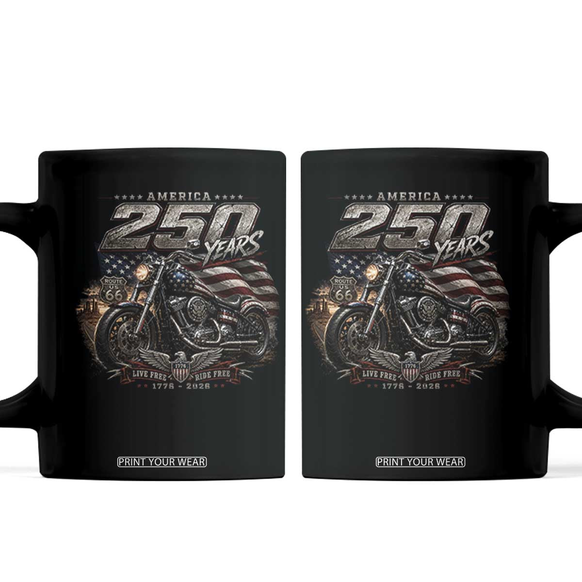 Retro Biker USA 250th Anniversary Coffee Mug Vintage Motorcycle American Flag Route 66 Highway TS10 Black Print Your Wear