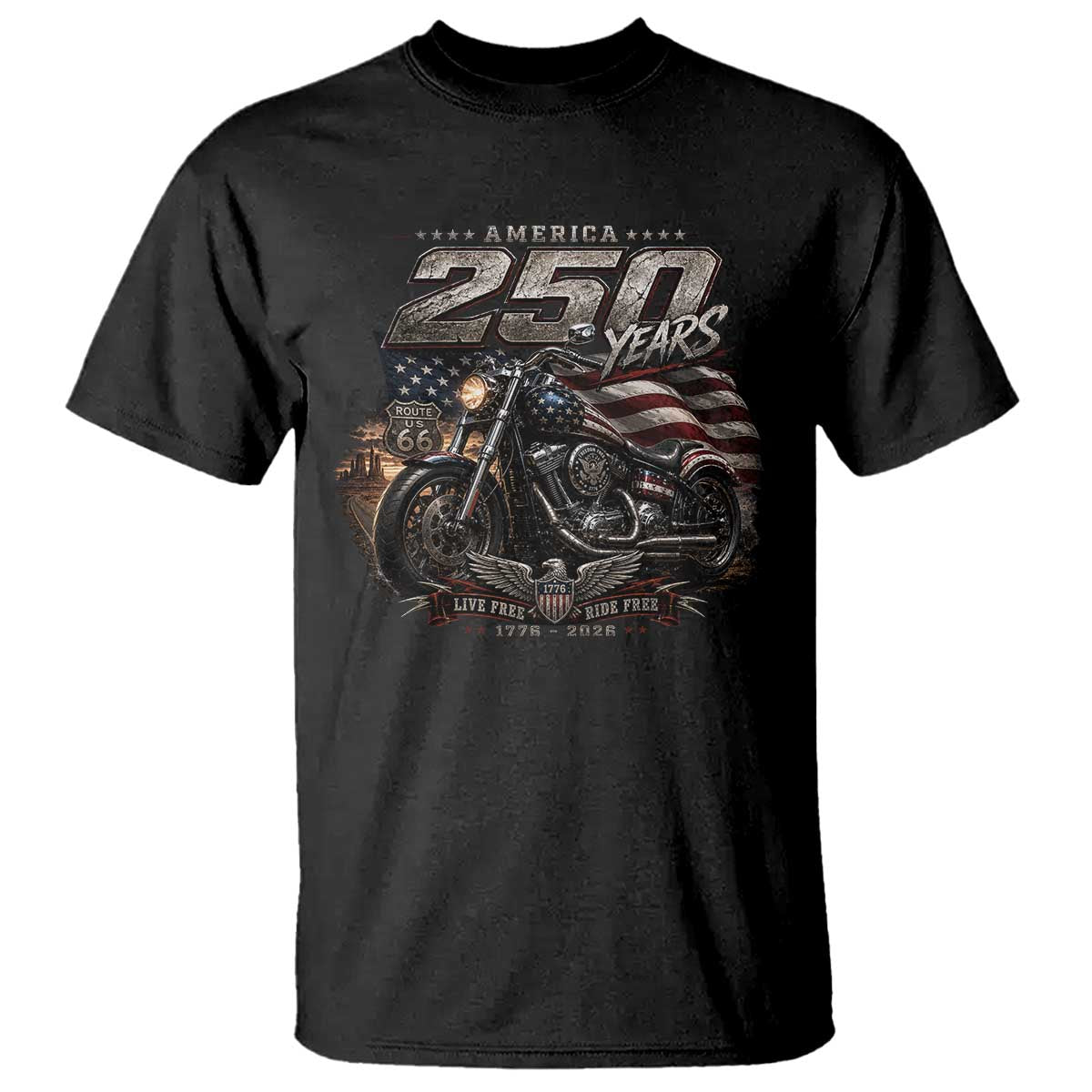 Retro Biker USA 250th Anniversary T Shirt Vintage Motorcycle American Flag Route 66 Highway TS10 Black Print Your Wear