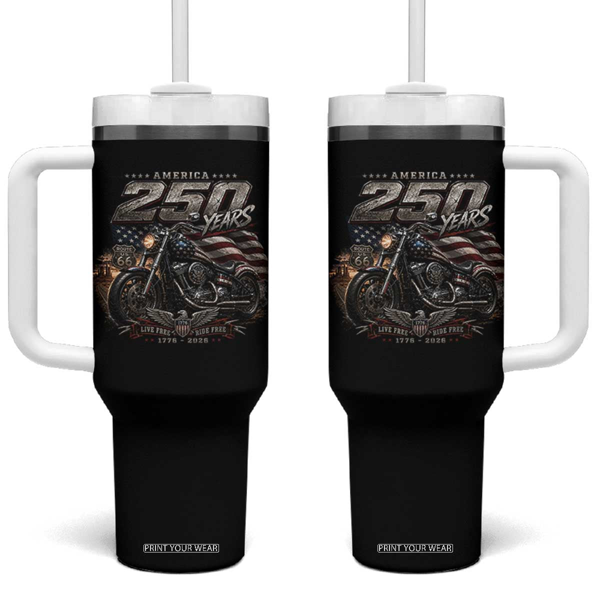 Retro Biker USA 250th Anniversary Tumbler With Handle Vintage Motorcycle American Flag Route 66 Highway TS10 One Size: 40 oz Black Print Your Wear