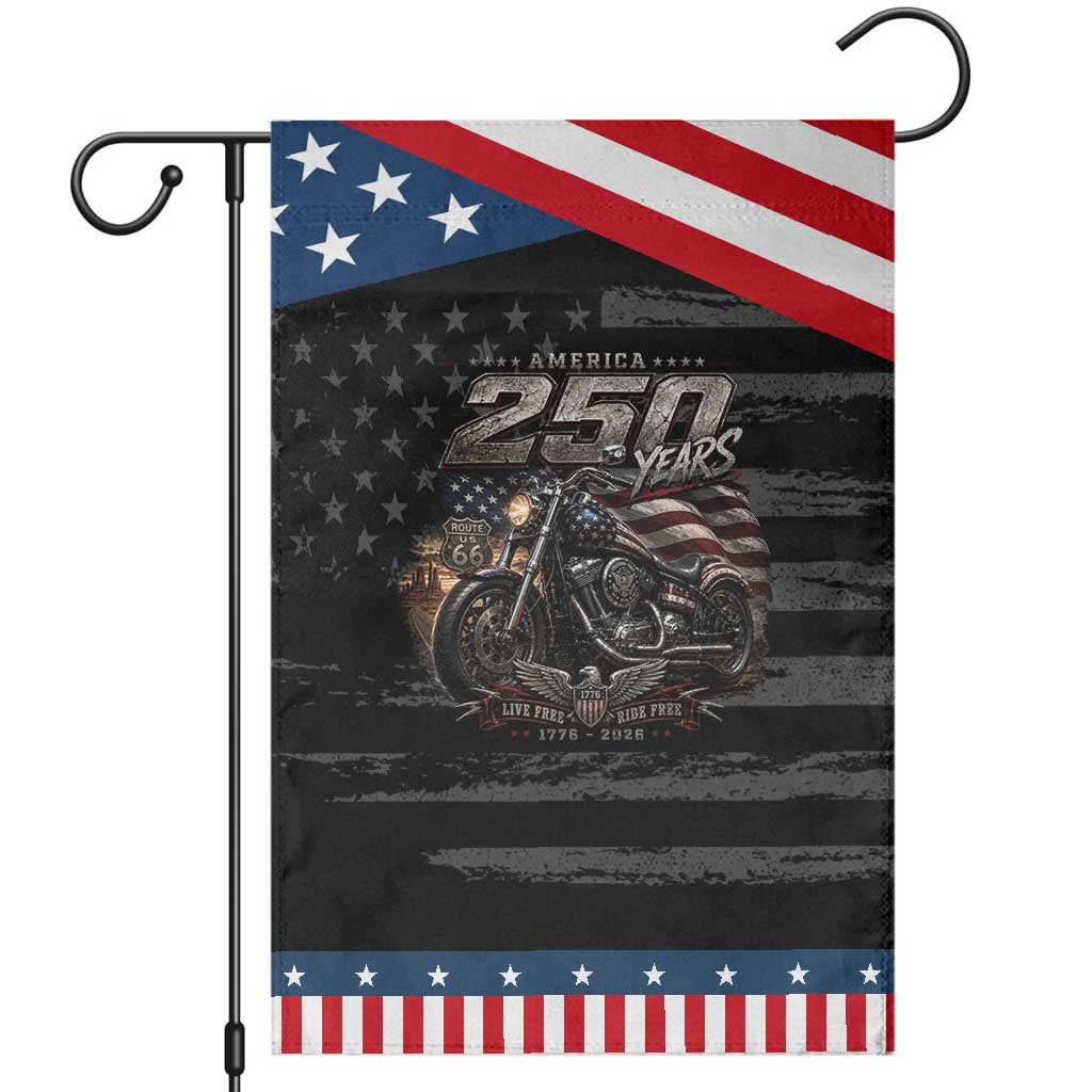 Retro Biker USA 250th Anniversary Patriotic Garden Flag Vintage Motorcycle American Flag Route 66 Highway TS10 Distressed Black Blue Print Your Wear