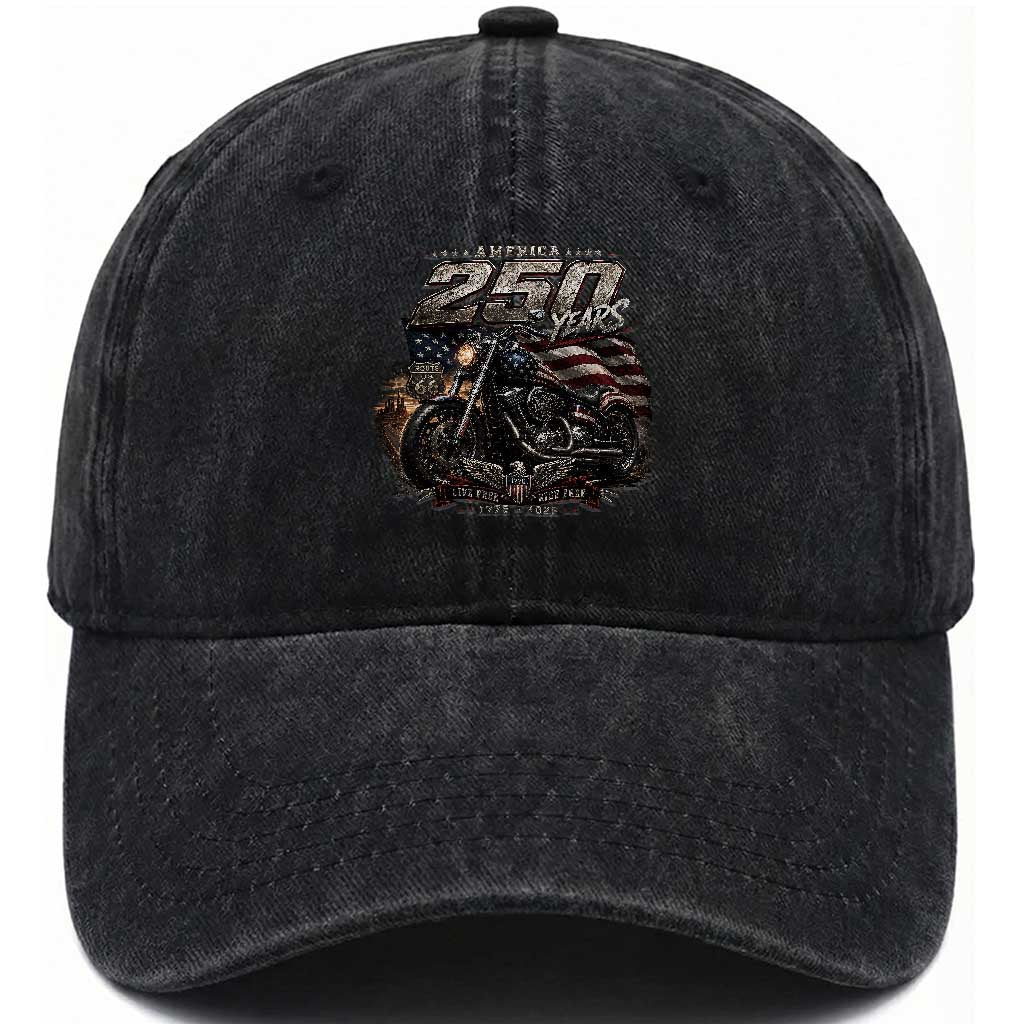 Retro Biker USA 250th Anniversary Washed Cotton Baseball Cap Vintage Motorcycle American Flag Route 66 Highway TS10 Print Your Wear