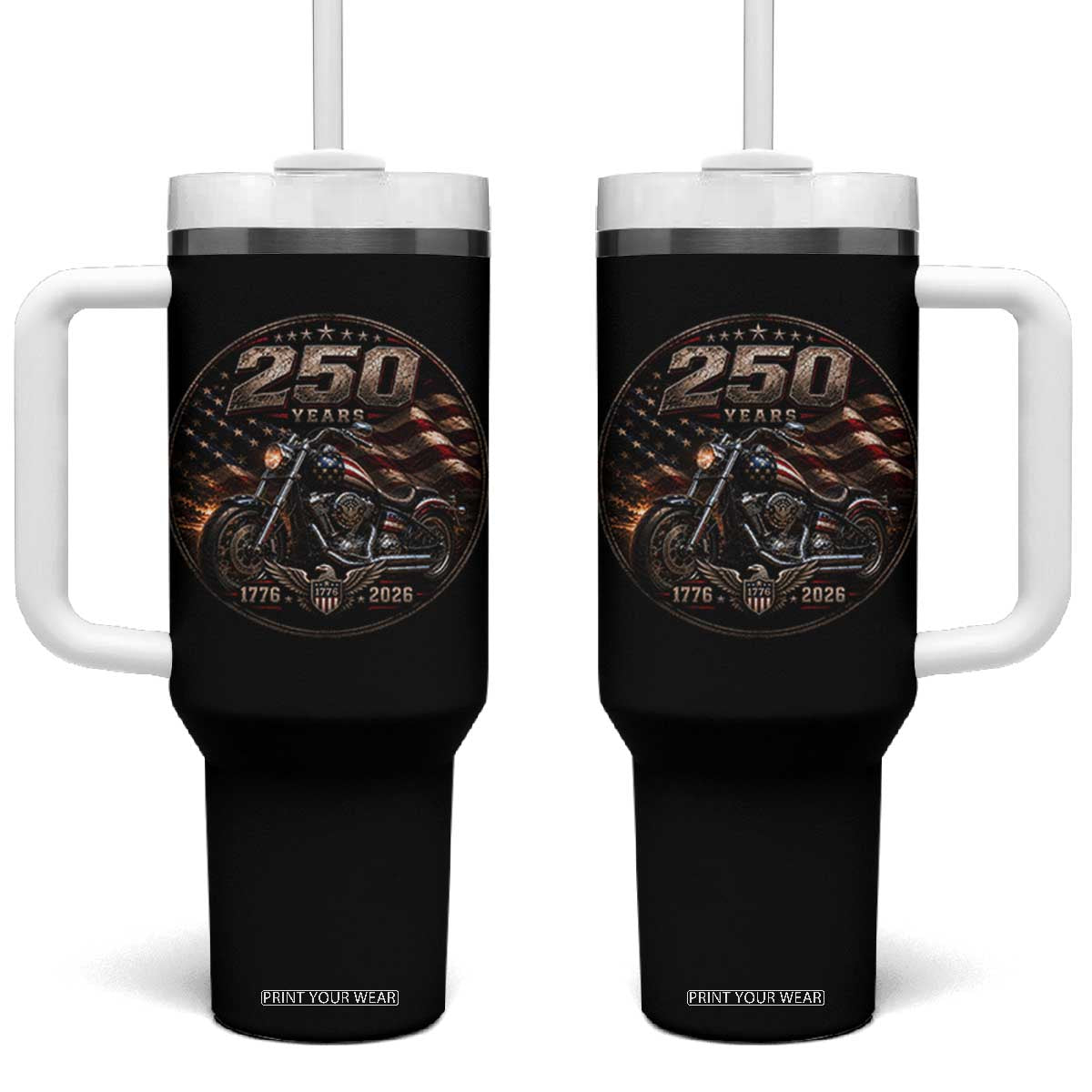 Retro Biker USA 250th Anniversary Tumbler With Handle Vintage 250 Years 1776 2026 Patriotic Motorcycle American Flag TS10 One Size: 40 oz Black Print Your Wear