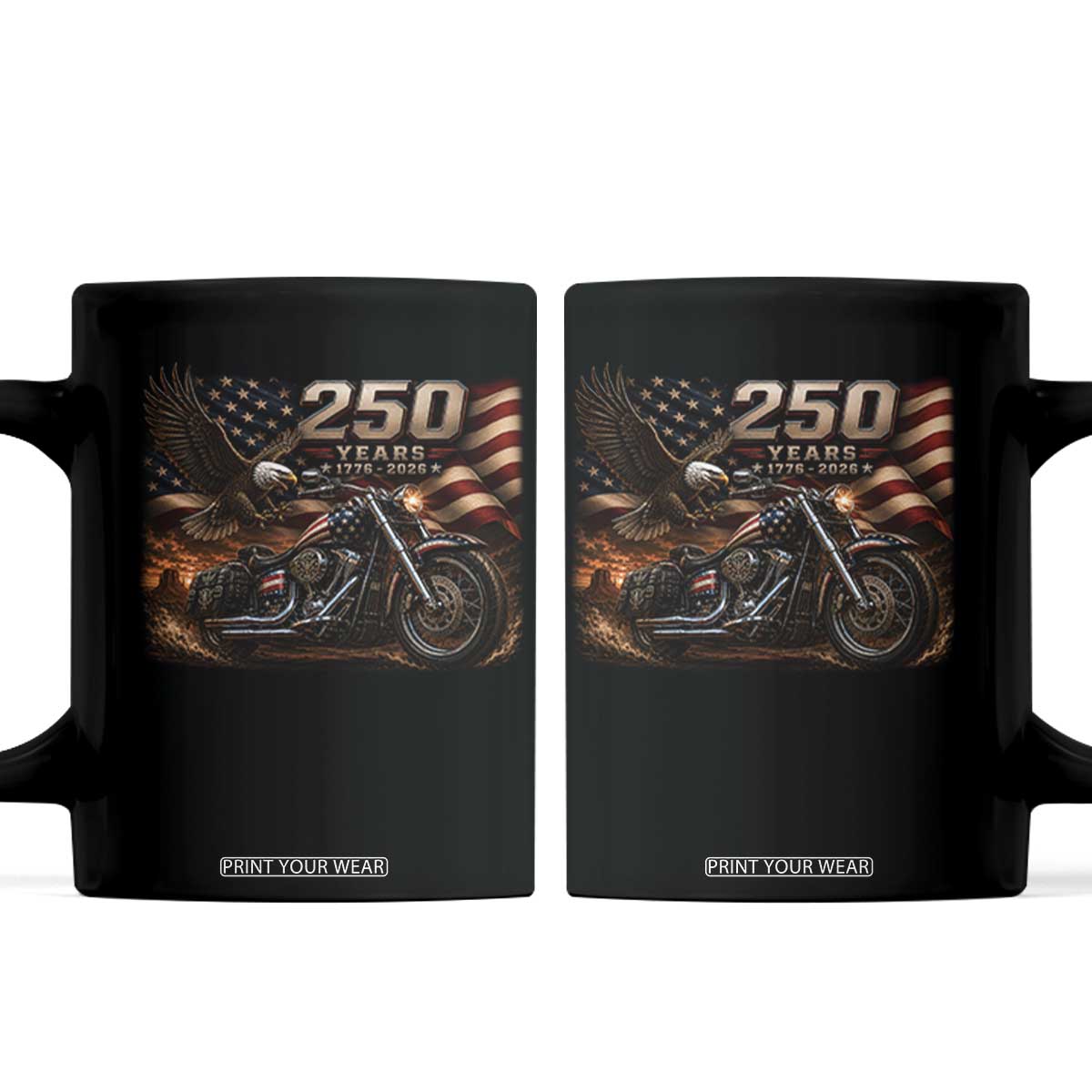 Retro Biker USA 250th Anniversary Coffee Mug American Flag Motorcycle Eagle Independence Day TS10 Black Print Your Wear