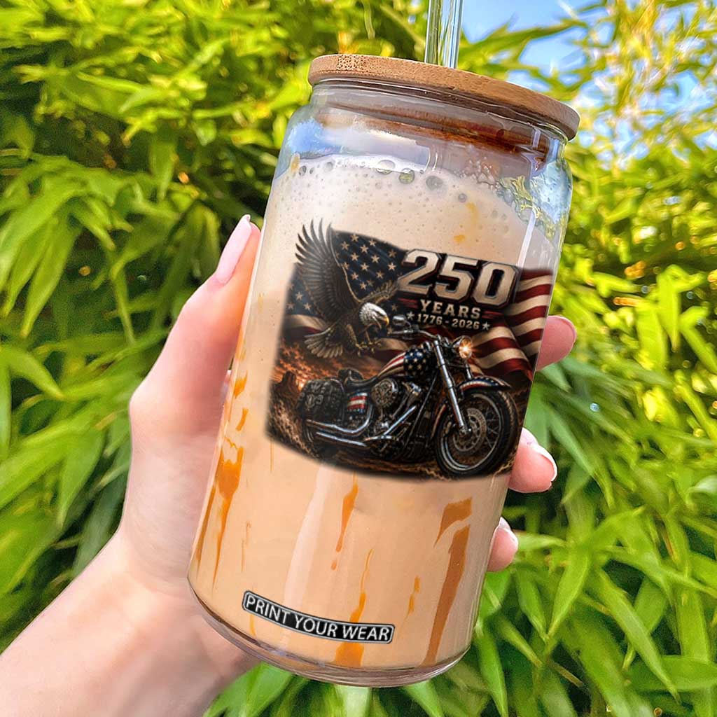 Retro Biker USA 250th Anniversary Glass Can American Flag Motorcycle Eagle Independence Day TS10 Black Print Your Wear