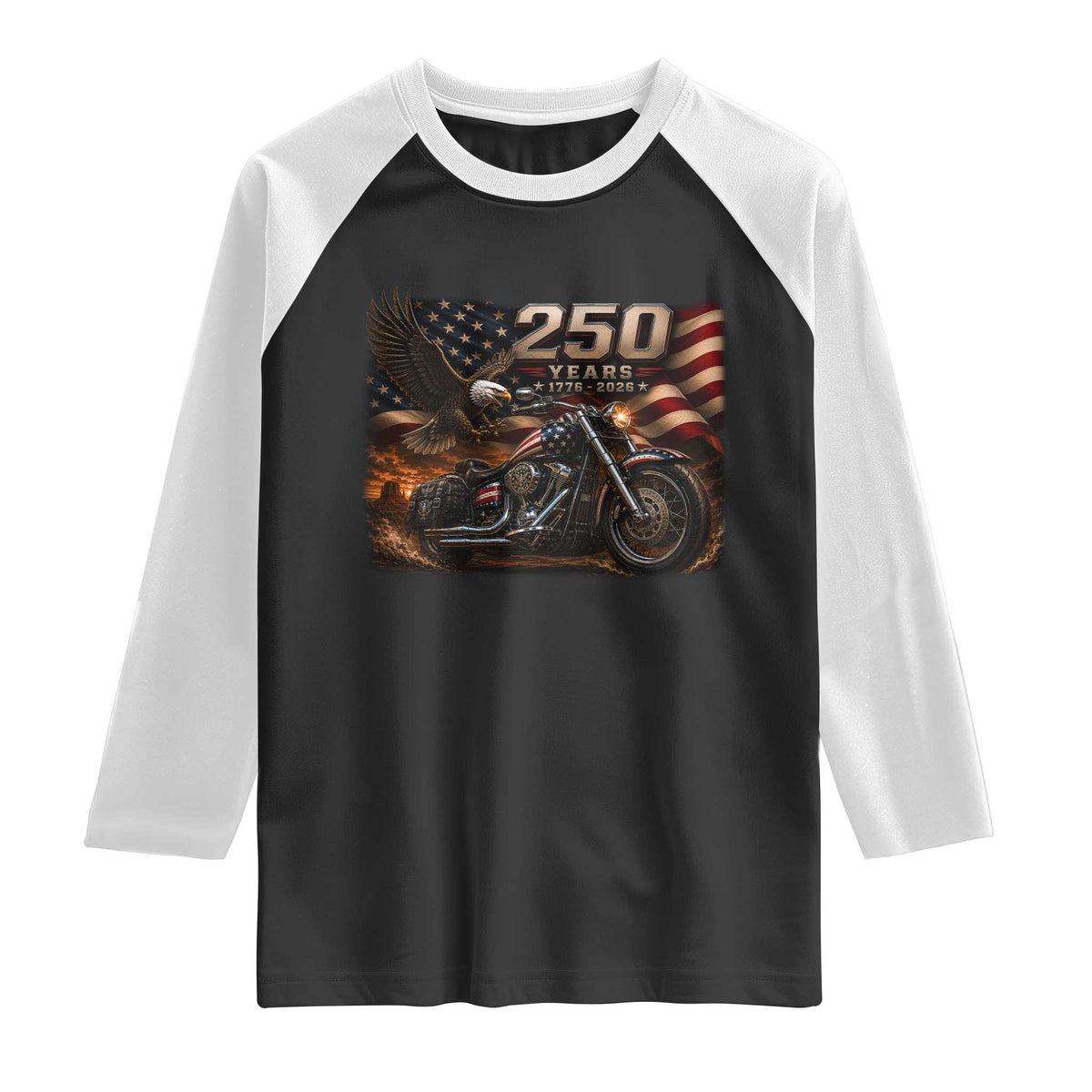Retro Biker USA 250th Anniversary Raglan Shirt American Flag Motorcycle Eagle Independence Day TS10 Black White Print Your Wear