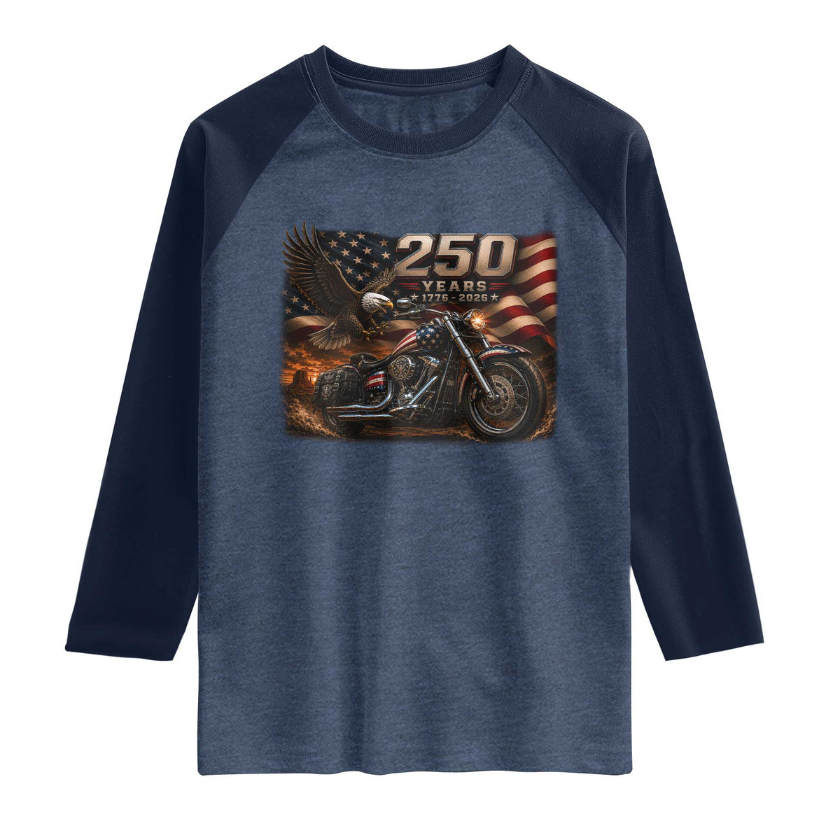 Retro Biker USA 250th Anniversary Raglan Shirt American Flag Motorcycle Eagle Independence Day TS10 Heather Denim Navy Print Your Wear