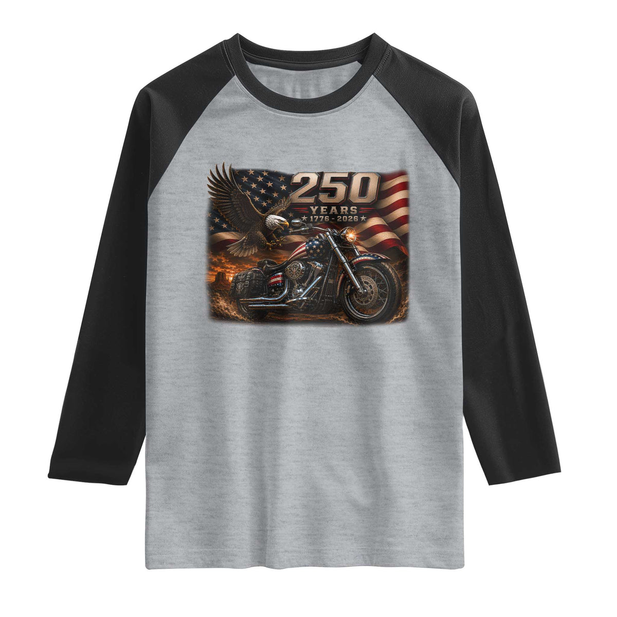 Retro Biker USA 250th Anniversary Raglan Shirt American Flag Motorcycle Eagle Independence Day TS10 Heather Gray Black Print Your Wear