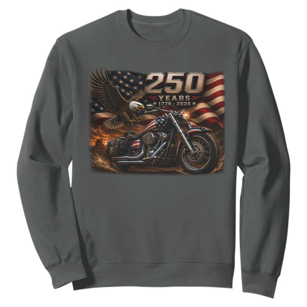 Retro Biker USA 250th Anniversary Sweatshirt American Flag Motorcycle Eagle Independence Day TS10 Dark Heather Print Your Wear