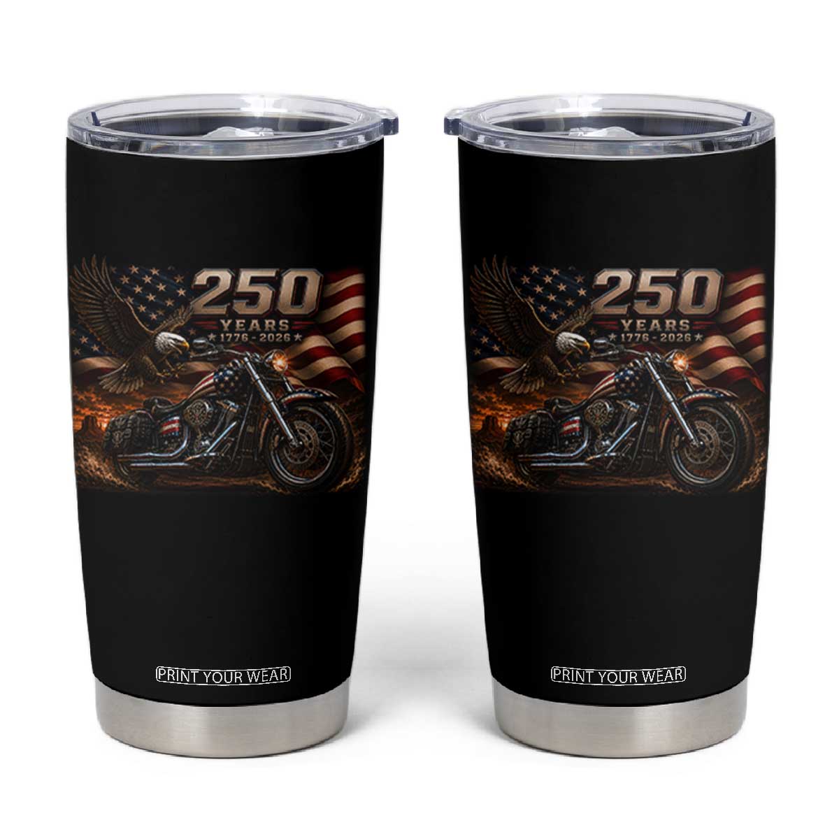 Retro Biker USA 250th Anniversary Tumbler Cup American Flag Motorcycle Eagle Independence Day TS10 Black Print Your Wear