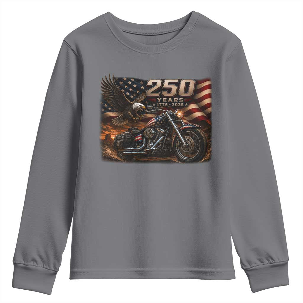 Retro Biker USA 250th Anniversary Youth Sweatshirt American Flag Motorcycle Eagle Independence Day TS10 Charcoal Print Your Wear