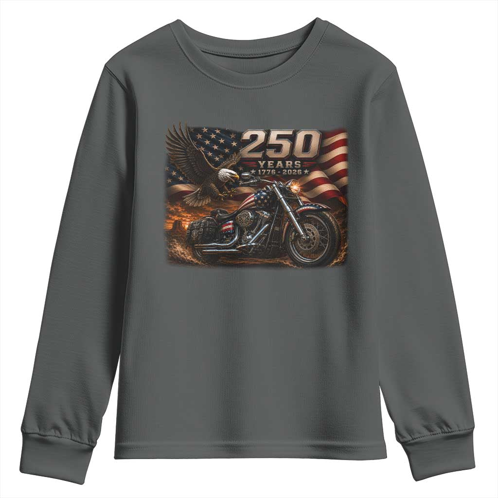Retro Biker USA 250th Anniversary Youth Sweatshirt American Flag Motorcycle Eagle Independence Day TS10 Dark Heather Print Your Wear