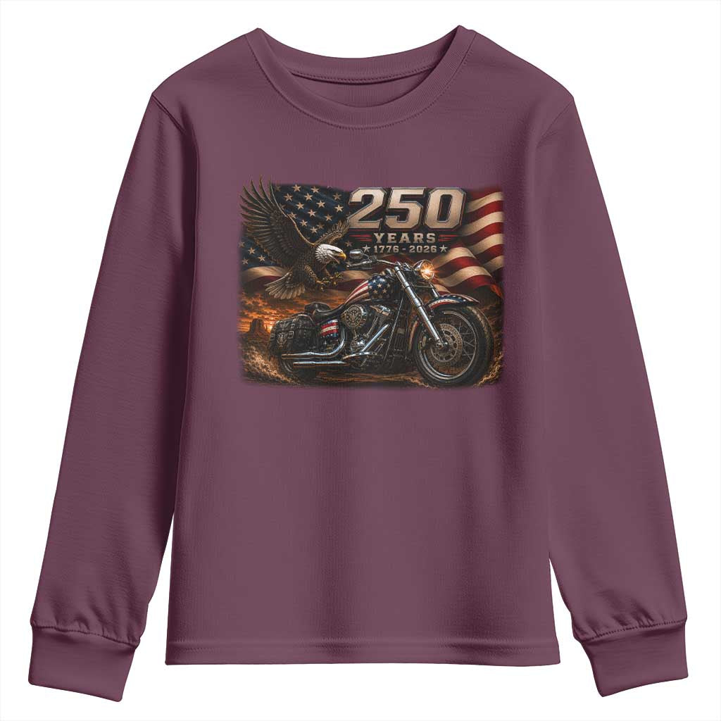 Retro Biker USA 250th Anniversary Youth Sweatshirt American Flag Motorcycle Eagle Independence Day TS10 Maroon Print Your Wear
