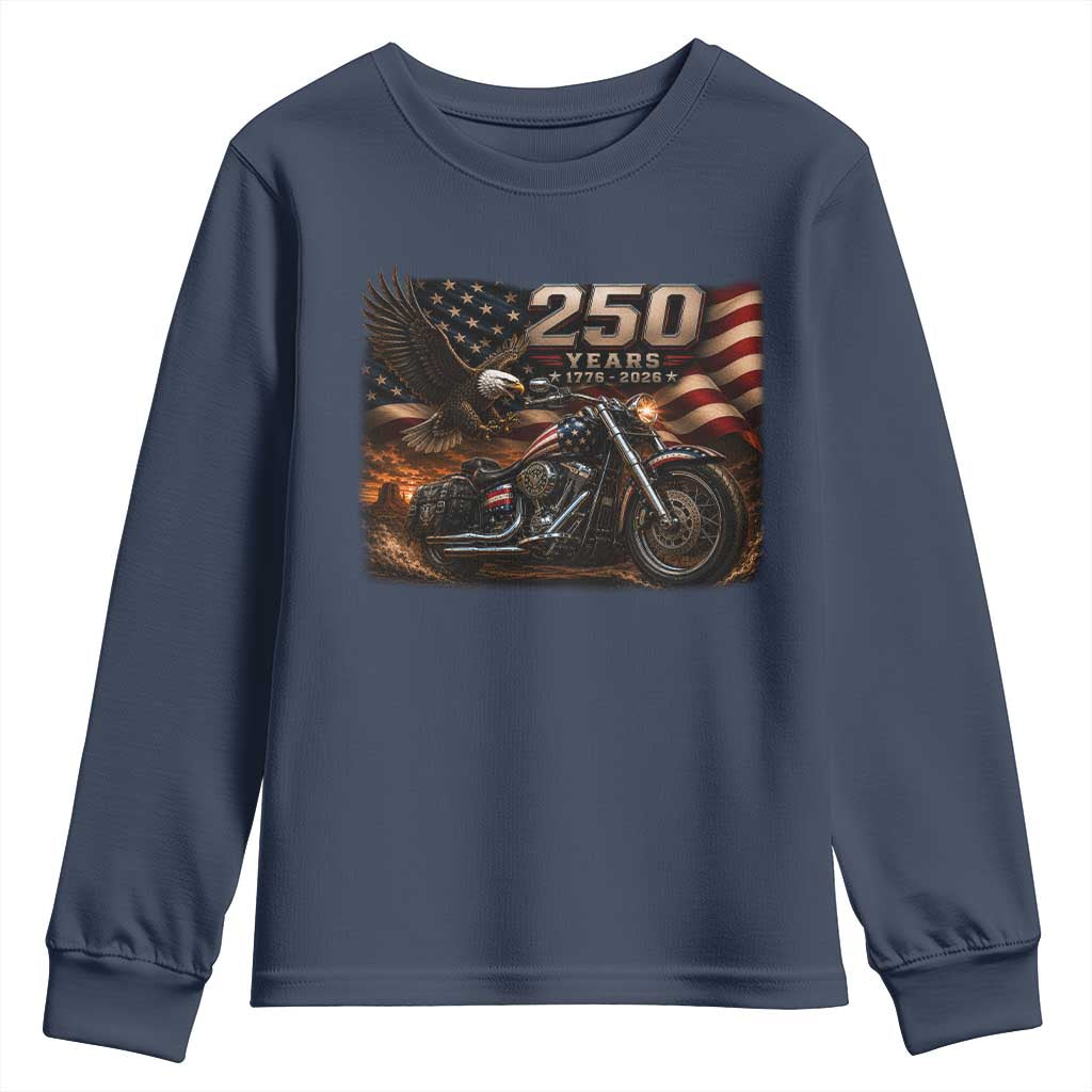 Retro Biker USA 250th Anniversary Youth Sweatshirt American Flag Motorcycle Eagle Independence Day TS10 Navy Print Your Wear
