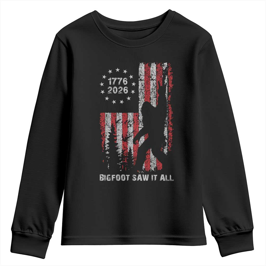 Bigfoot Sasquatch USA 250th Anniversary Youth Sweatshirt Retro Bigfoot Saw It All 250 Years 1776 2026 4th of July TS10 Black Print Your Wear