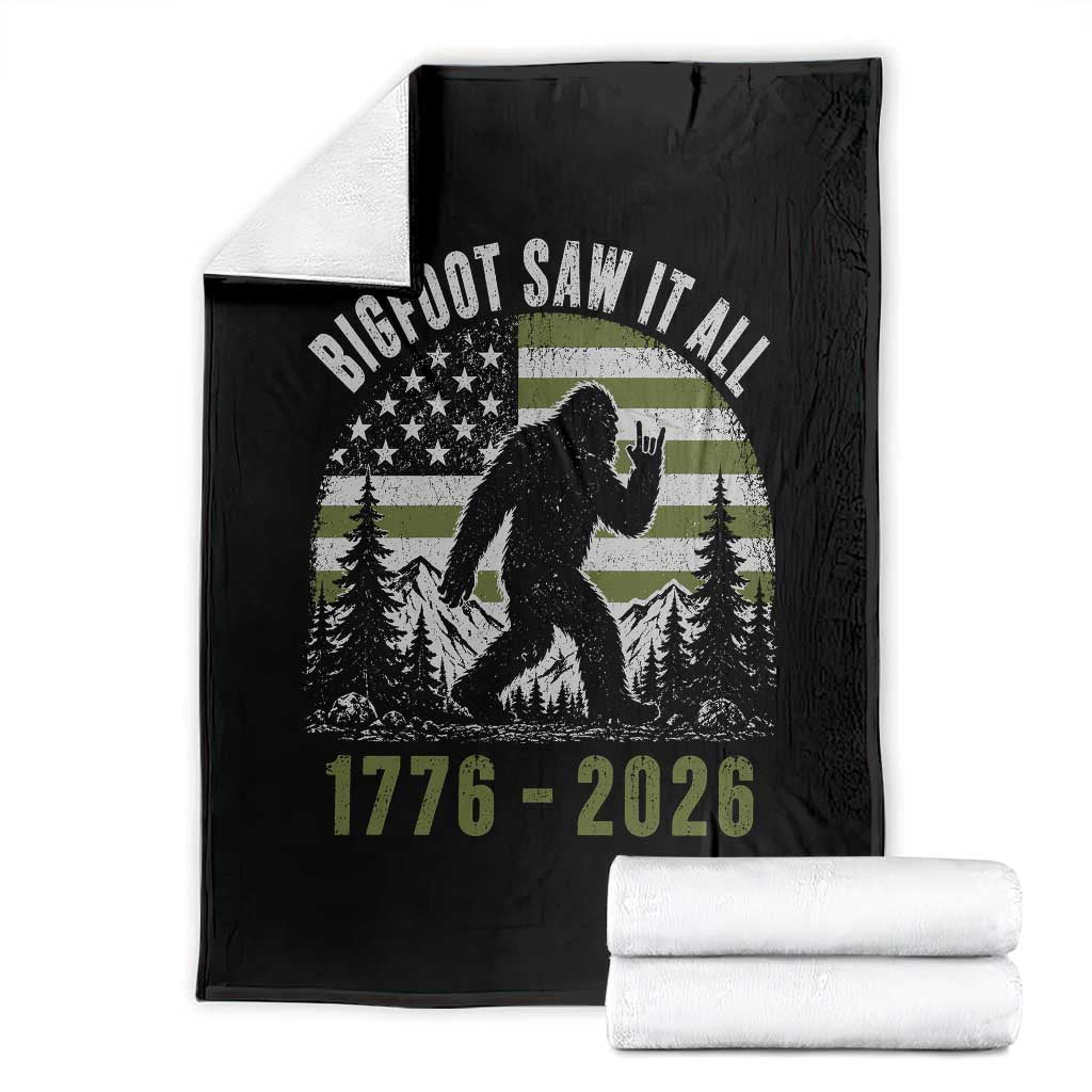 Retro Bigfoot Saw It All USA 250th Anniversary Throw Blanket 250 Years 1776 2026 4th of July Sasquatch Flag TS10 Black Print Your Wear