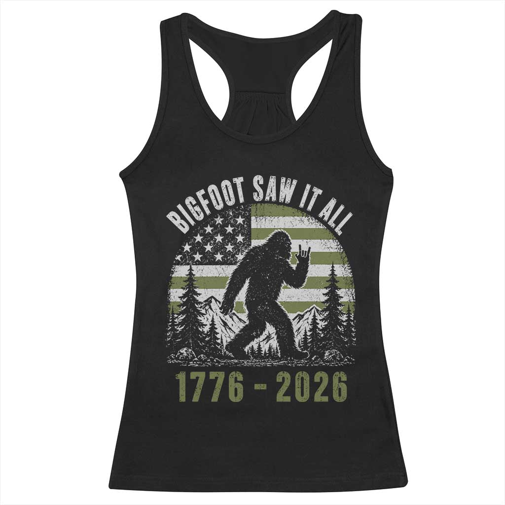 Retro Bigfoot Saw It All USA 250th Anniversary Racerback Tank Top 250 Years 1776 2026 4th of July Sasquatch Flag TS10 Black Print Your Wear
