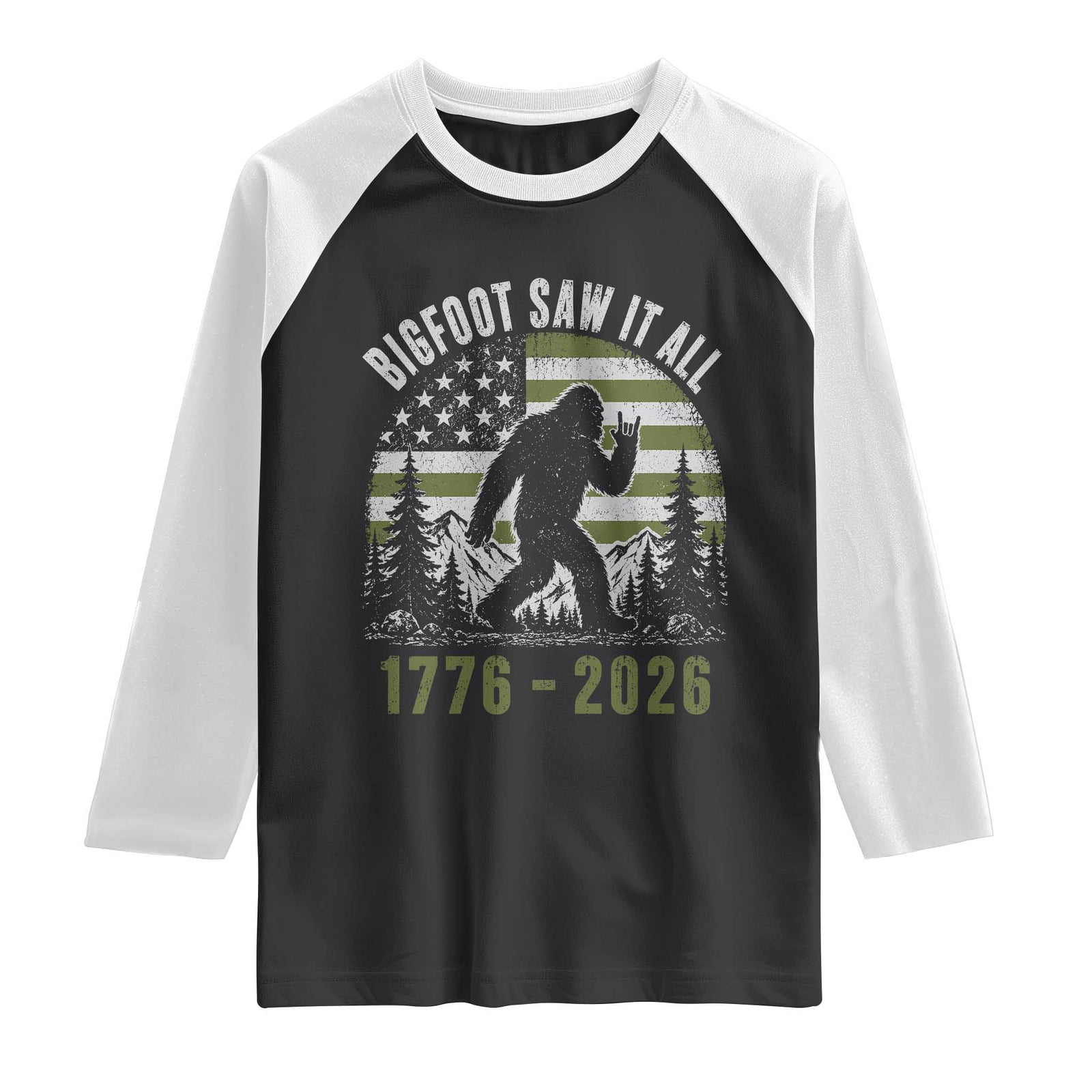 Retro Bigfoot Saw It All USA 250th Anniversary Raglan Shirt 250 Years 1776 2026 4th of July Sasquatch Flag TS10 Black White Print Your Wear
