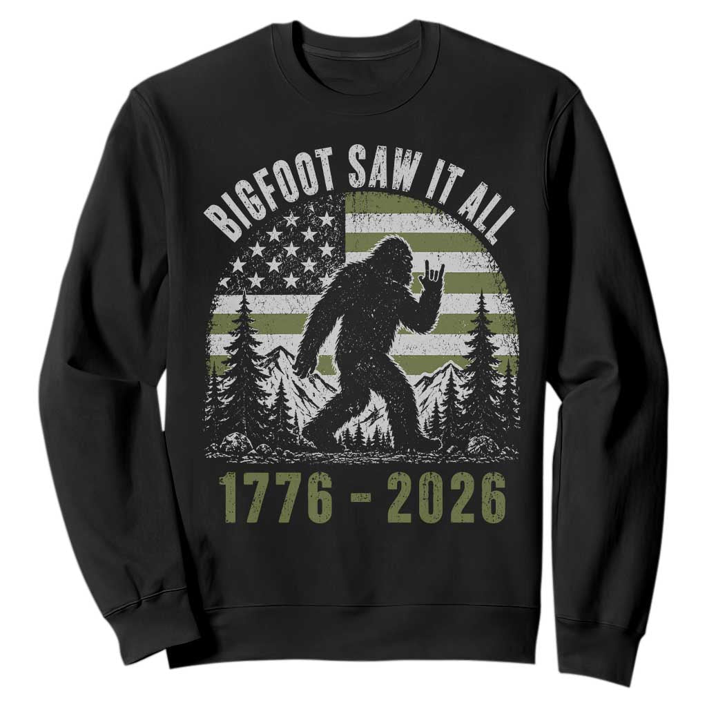 Retro Bigfoot Saw It All USA 250th Anniversary Sweatshirt 250 Years 1776 2026 4th of July Sasquatch Flag TS10 Black Print Your Wear