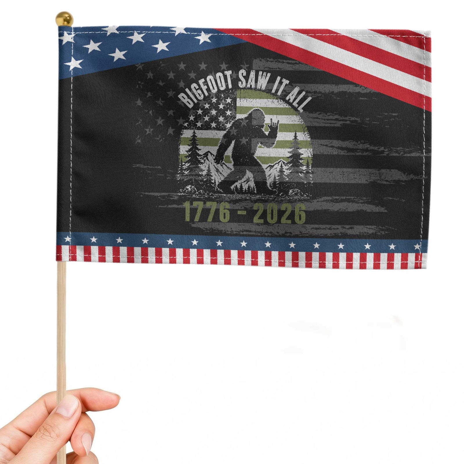 Retro Bigfoot Saw It All USA 250th Anniversary Patriotic Handheld Flag 250 Years 1776 2026 4th of July Sasquatch Flag TS10 Distressed 8.2