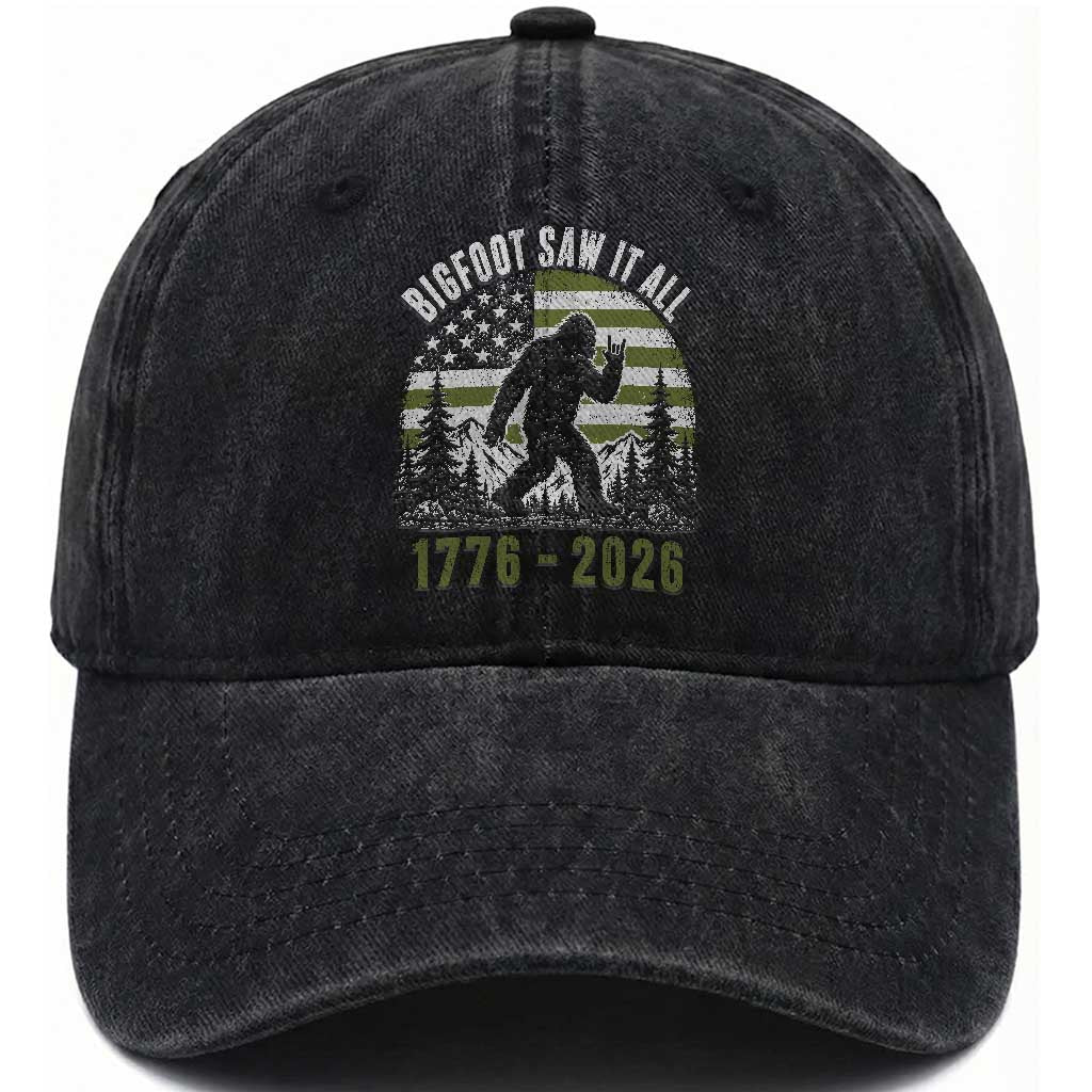 Retro Bigfoot Saw It All USA 250th Anniversary Washed Cotton Baseball Cap 250 Years 1776 2026 4th of July Sasquatch Flag TS10 Print Your Wear